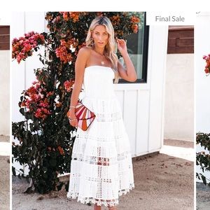 Vici Underwood Strapless Smocked Crochet Midi Dress